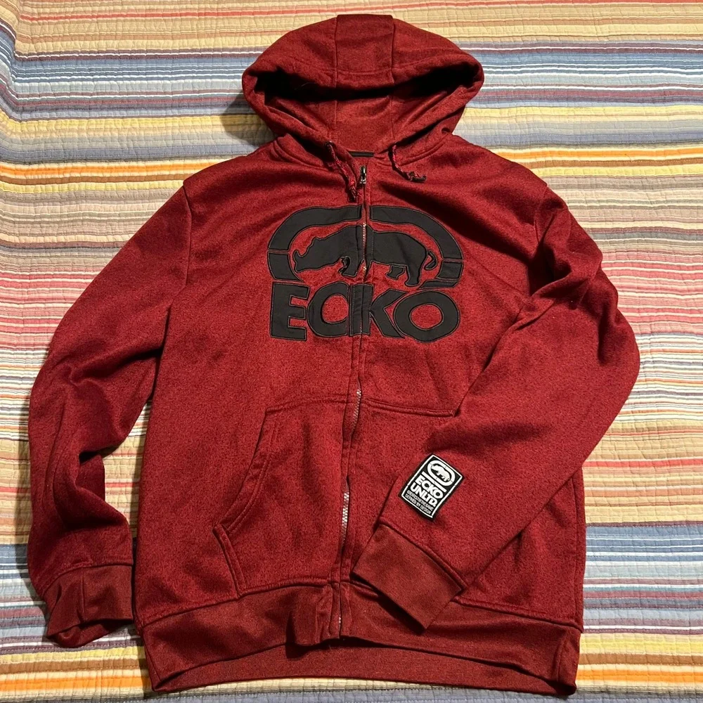 Ecko Unlimited Mens Full Zip Hoodie Red Black Logo Spellout Pullover L - Picture 1 of 8